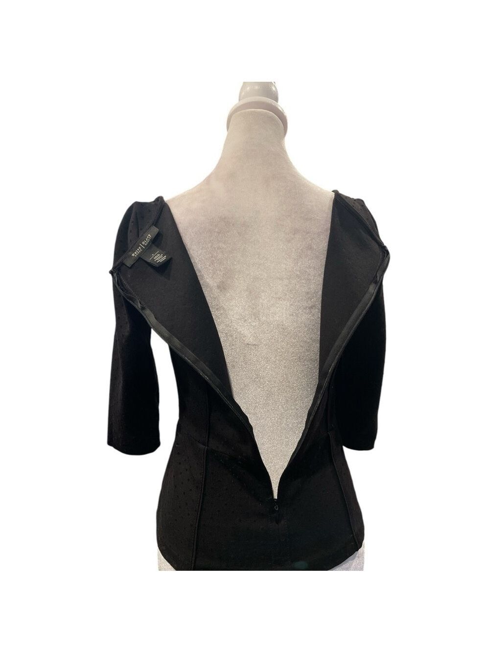 White House Black Market Black Swiss Dot Peplum Top Back Zip 3/4 Sleeve - Picture 5 of 7